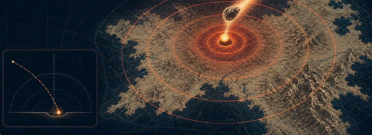 An asteroid trajectory meeting a terrain map surrounded by concentric modeled effect rings.
