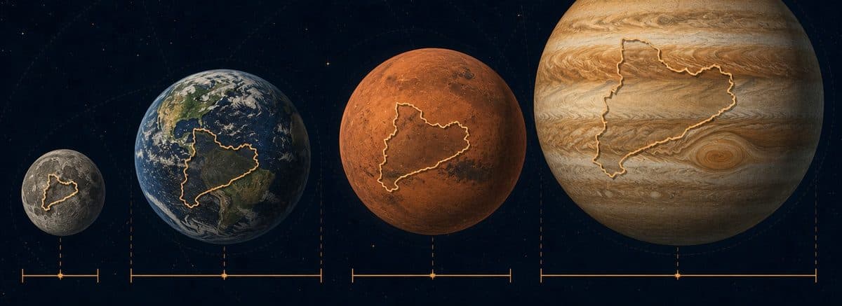 The same country outline placed across the Moon, Earth, Mars, and Jupiter.