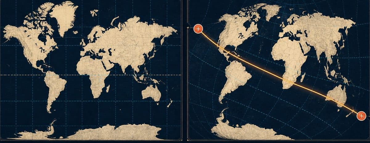 Two world maps comparing a conventional Mercator projection with a movable diagonal equator.