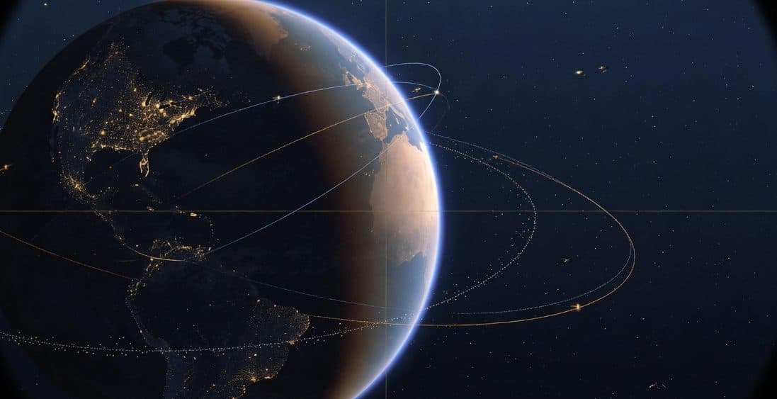 A night-side view of Earth wrapped in amber and ice-blue satellite orbit trails.