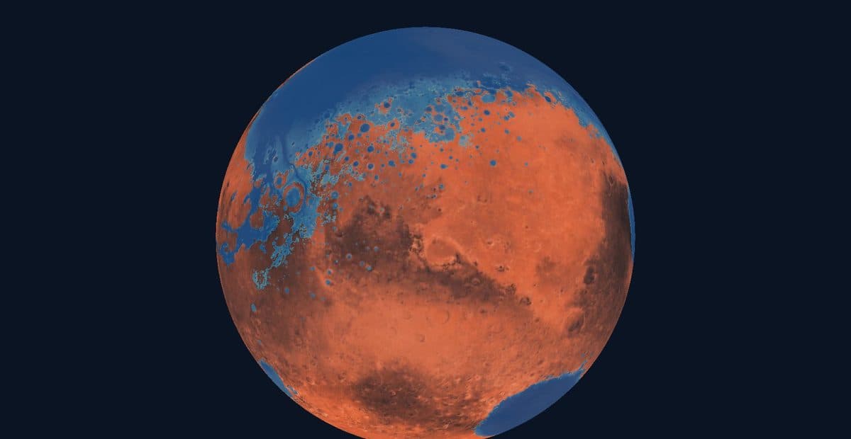 A globe of Mars with blue hypothetical water covering northern lowlands and red terrain rising above it.