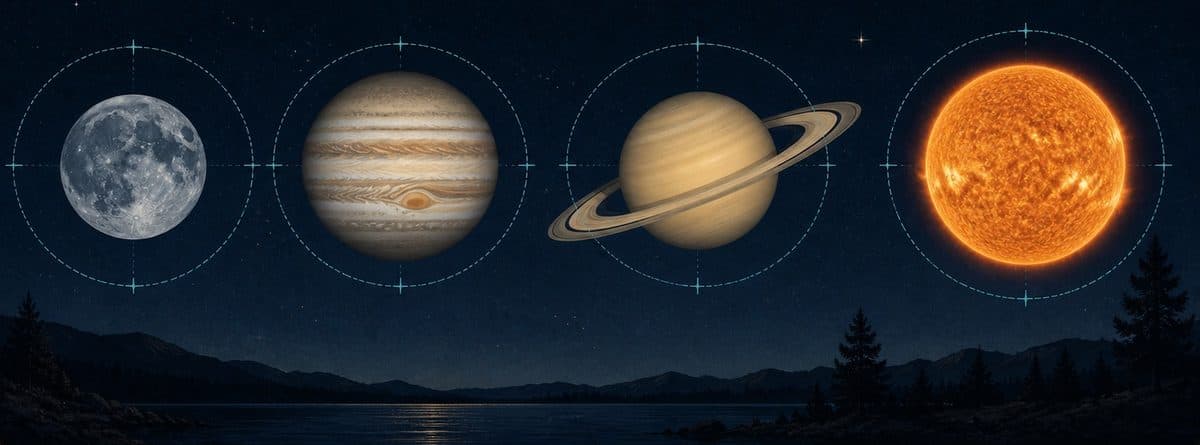 The Moon, Jupiter, Saturn, and the Sun presented as angular-size observations in the night sky.