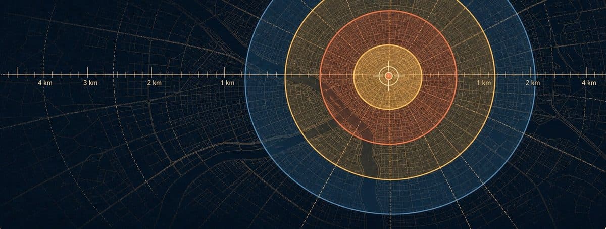 A city map with four restrained concentric rings representing modeled blast effect zones.