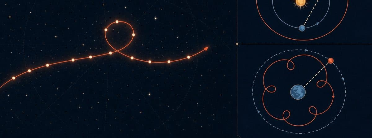 A Mars retrograde sky trail beside heliocentric and geocentric orbit diagrams.