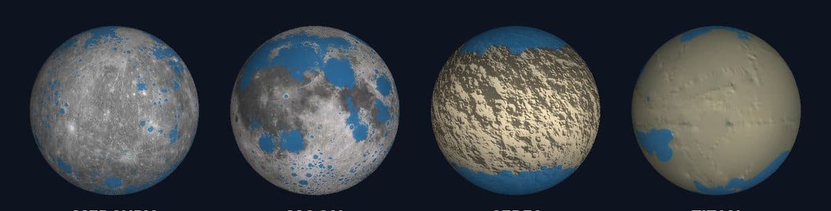 Planetary terrain maps with low ground shaded blue beneath hypothetical waterlines.