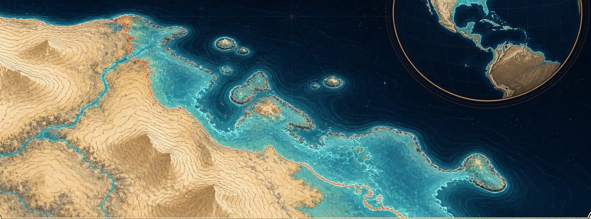 Cyan water advancing across a detailed coastal elevation map with a globe inset.