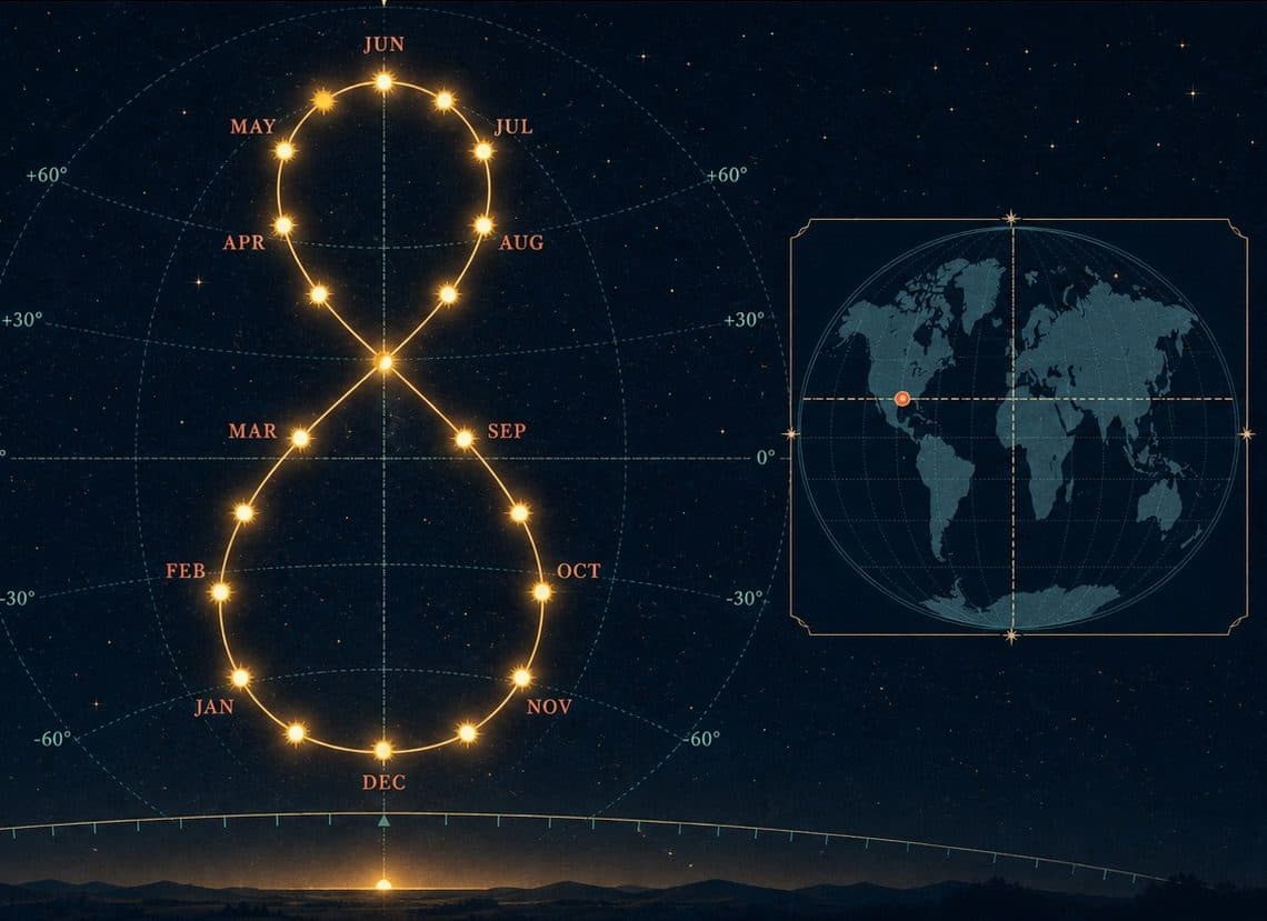 A luminous figure-eight analemma traced by the Sun over an observatory horizon.