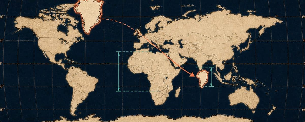 A vintage Mercator map showing Greenland moved toward the equator and shrinking to its true relative scale.