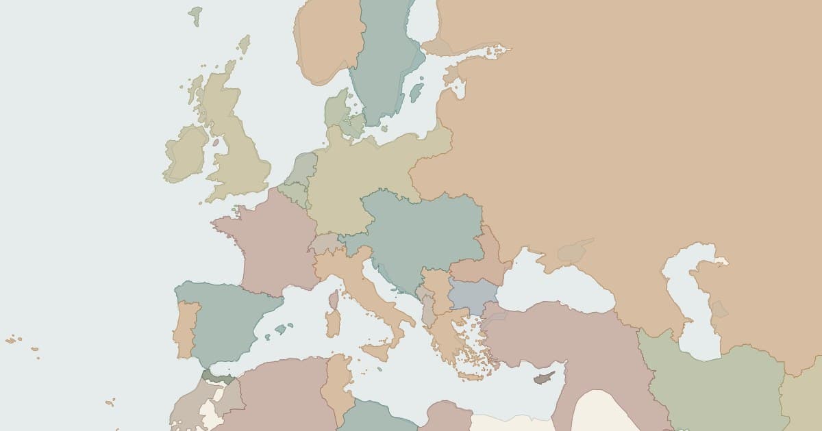 Map of Europe in January 1914 showing historical national boundaries before World War I