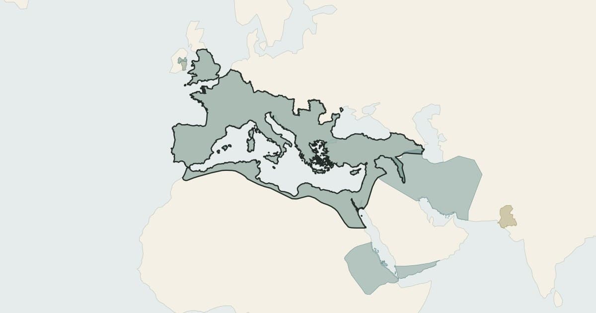 Roman Empire map in 117 CE with the empire's recorded boundary highlighted around the Mediterranean
