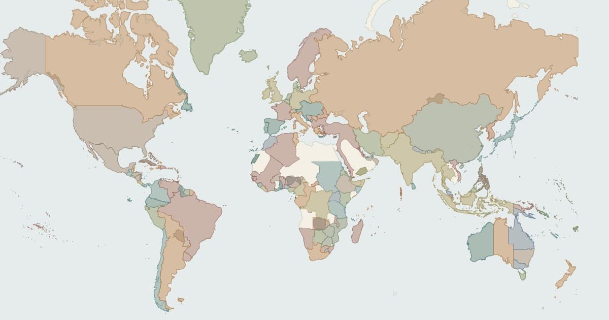 Historical world map in 1900 showing recorded country and colonial territory borders