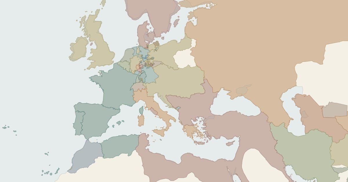 Historical national borders around Europe and the Mediterranean in 1862.