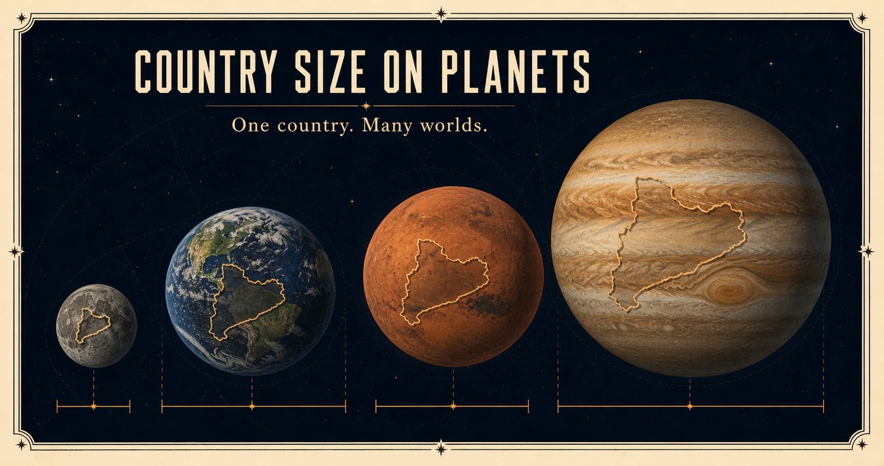 The same country outline placed across the Moon, Earth, Mars, and Jupiter.