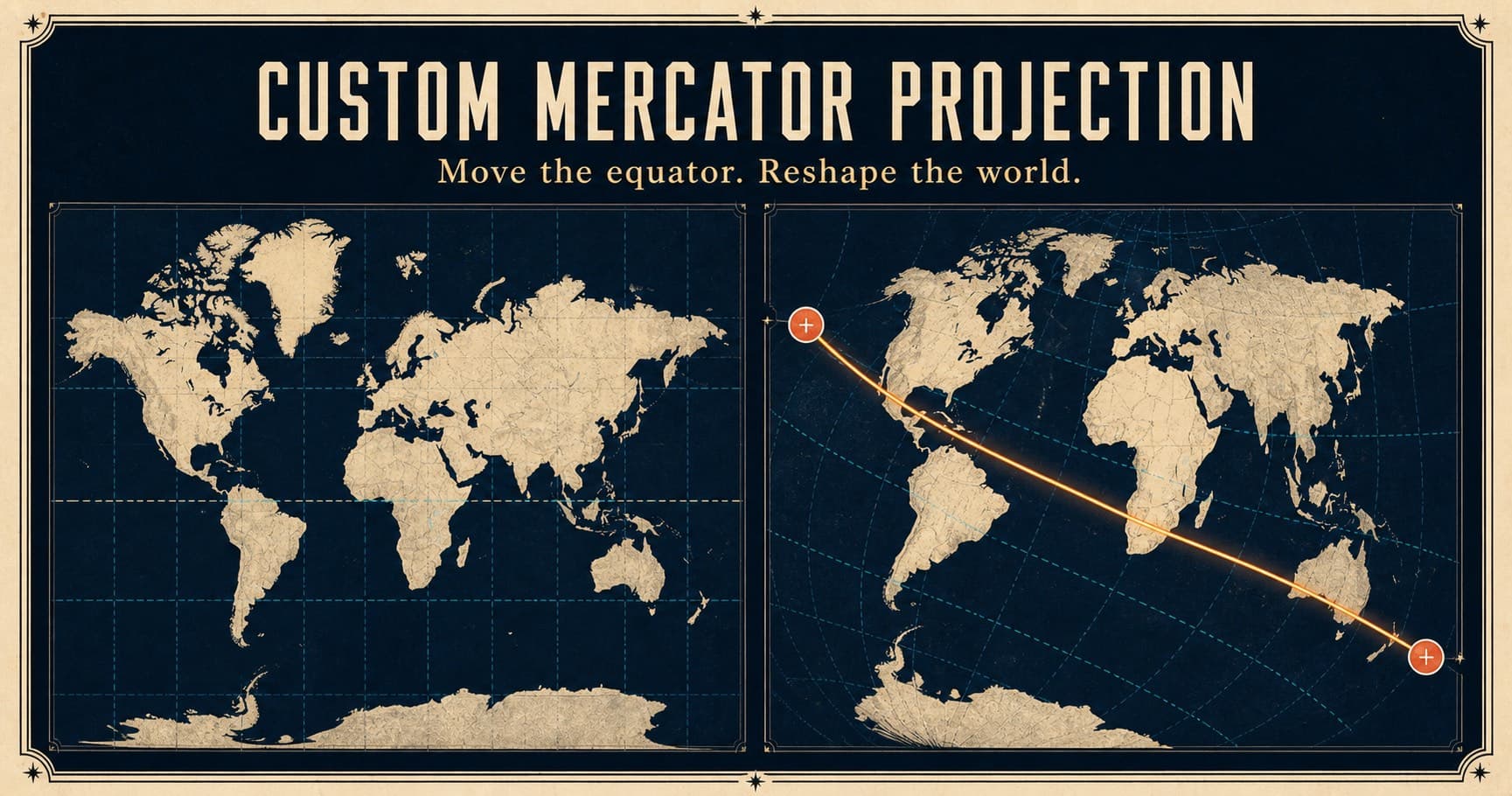 Two world maps comparing a conventional Mercator projection with a movable diagonal equator.