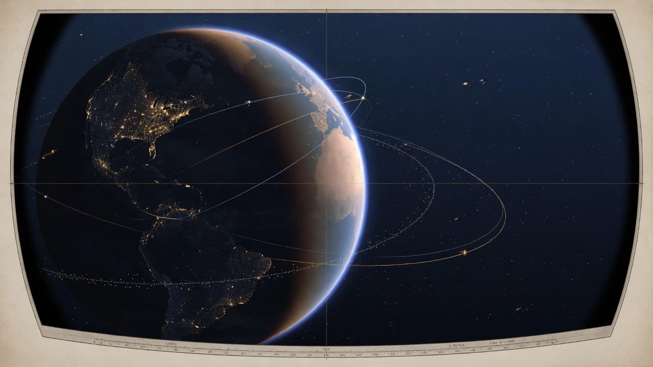 A night-side view of Earth wrapped in amber and ice-blue satellite orbit trails.