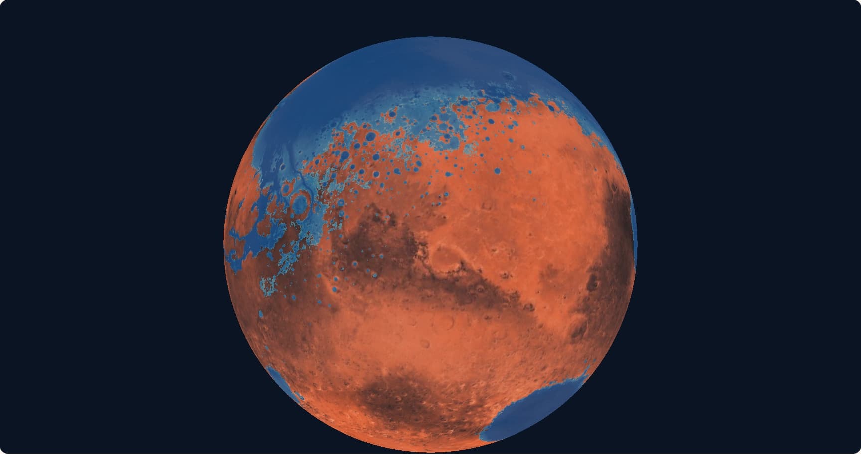火星球体上的蓝色假想水域覆盖北部低地,红色地形高出水面。