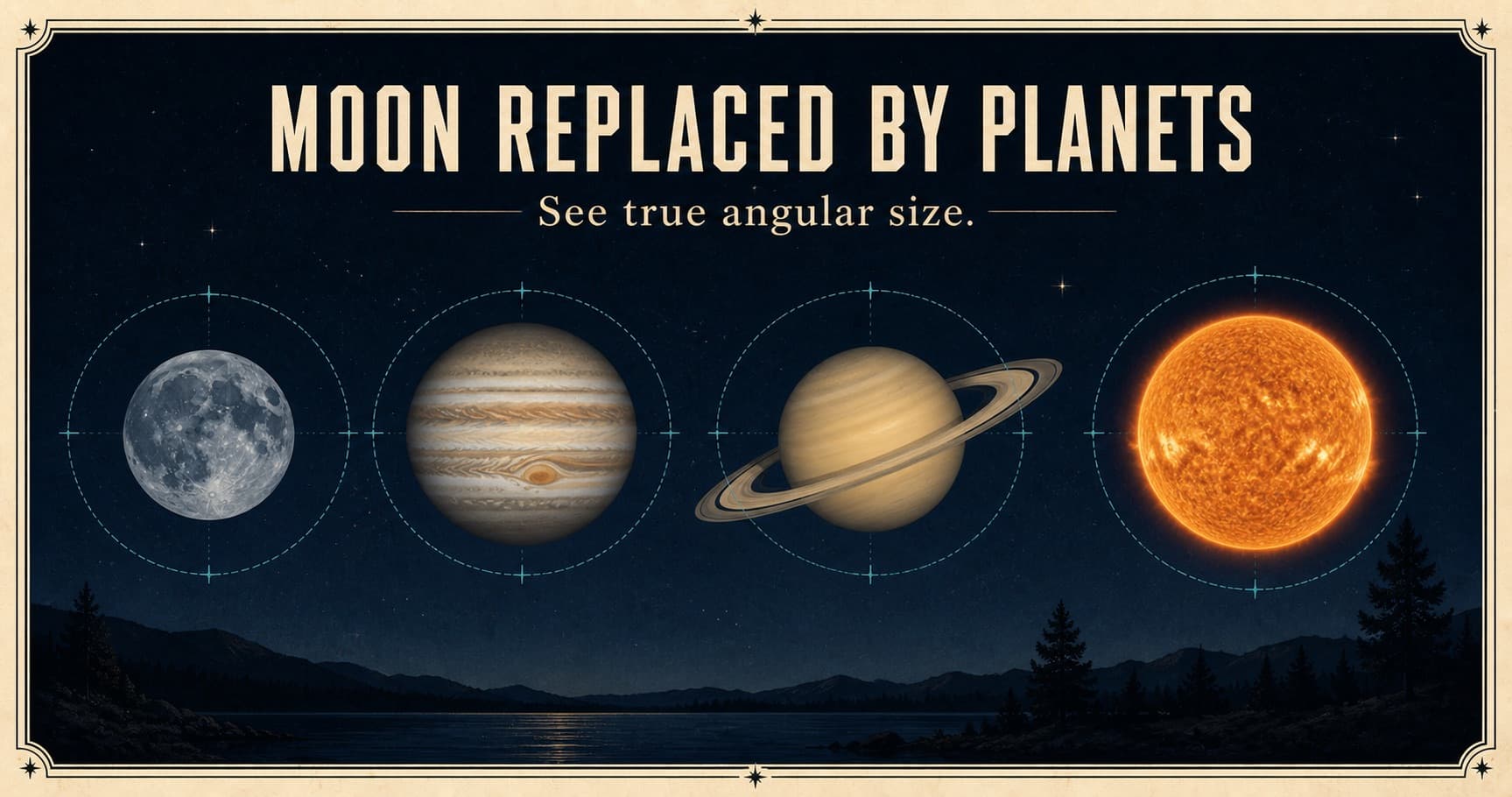 The Moon, Jupiter, Saturn, and the Sun presented as angular-size observations in the night sky.
