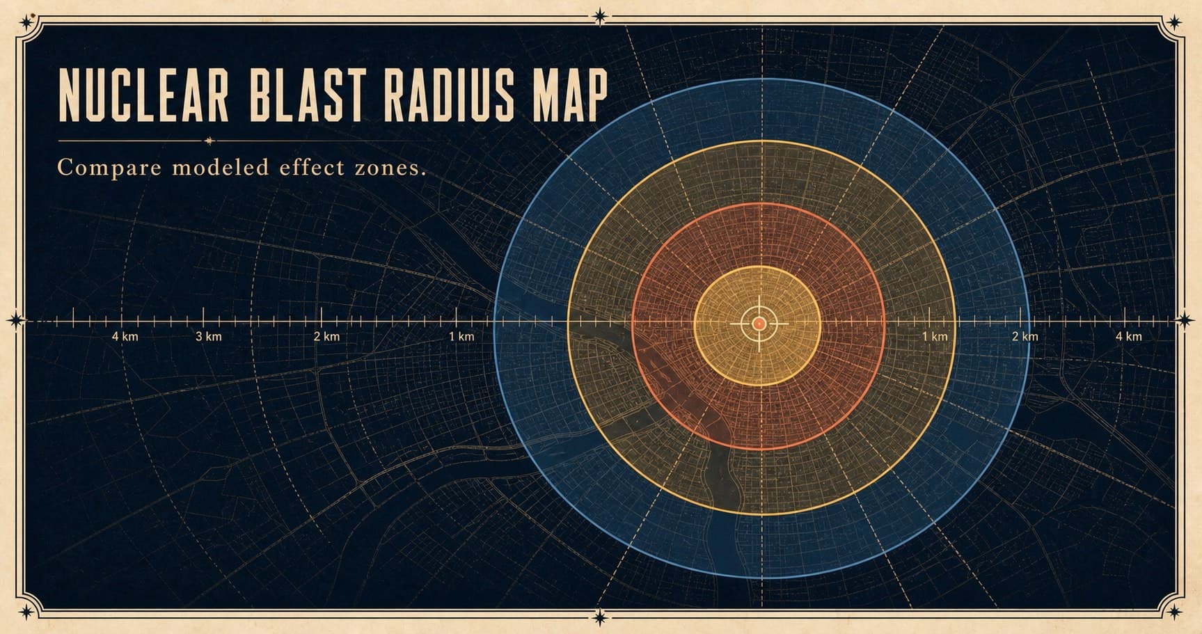 A city map with four restrained concentric rings representing modeled blast effect zones.