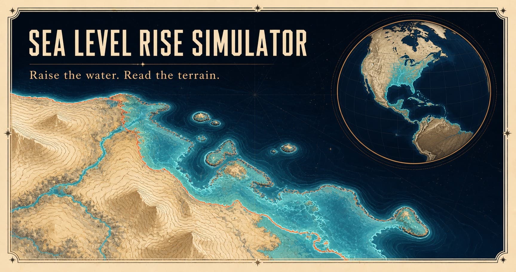 Cyan water advancing across a detailed coastal elevation map with a globe inset.